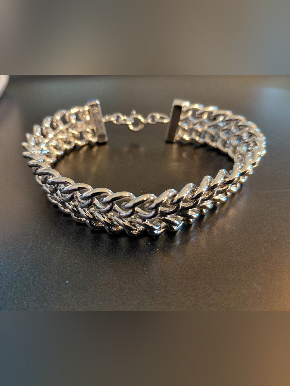 Shiny Silver Tone Coated Double Curb Link Bracelet. 7.75". Looks Like New.